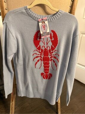 Mighty Fine Light Blue Crewneck Sweater with Red Lobster Motif